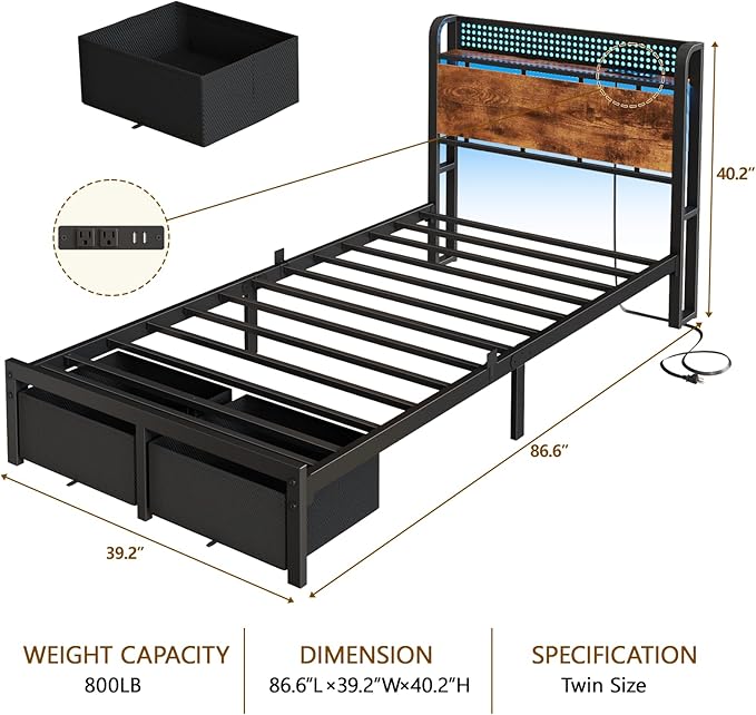 Furnulem Twin Bed Frame with 2 Storage Drawers &amp Charging Station Twin Platform Bed Frame with Headboard &amp LED Lights No Box Spring Needed All in One Easy to Install Noise Free (800 lbs C