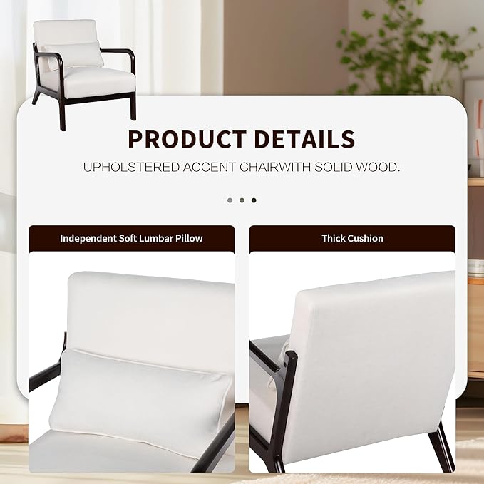 Mid Century Modern Accent ChairComfy Fabric Reading Chair with Retro Solid Wood Frame &amp High Back Upholstered Lounge Arm Side Chair for Living Room Bedroom Balcony (Beige)