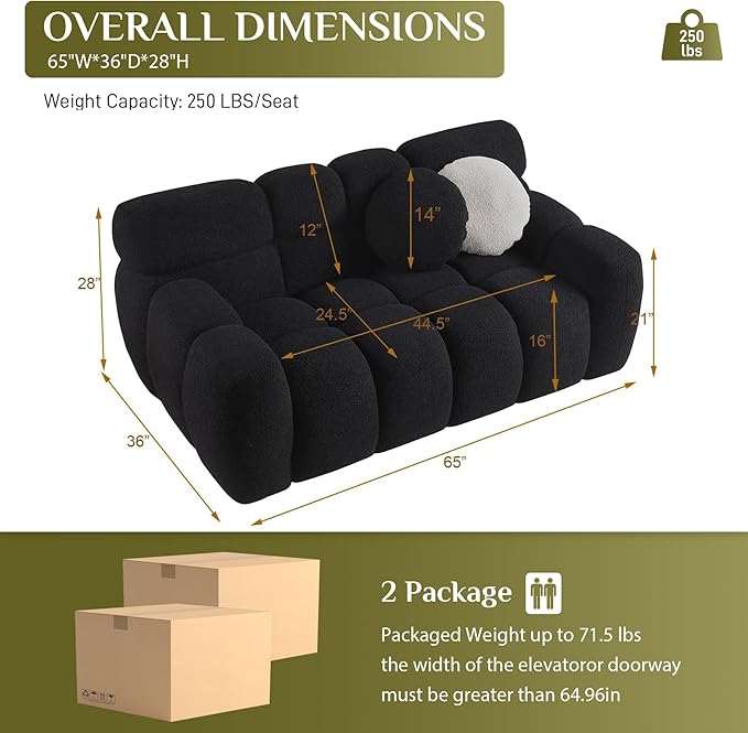 65 Boucle Loveseat Sofa Comfy Upholstered Sherpa Deep Seat Cloud Couch Cozy Modern Tufted 2-Seater Love Seat with 2 Pillows for Living Room Apartment Bedroom Black