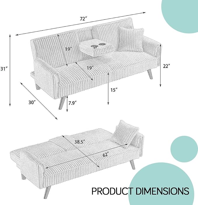Convertible Folding Futon Sofa Bed with Metal Legs &amp 2 Cupholders Modern New Upholstered Couch Loveseat Sleeper Folding Couches Bed Removable Armrests for Small Spaces (White New)