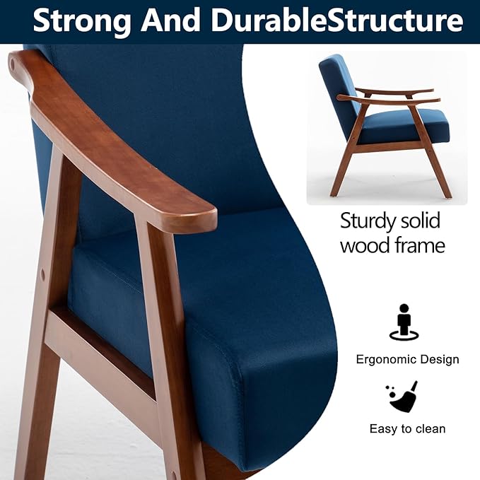 Fefances Mid-Century Modern Accent Chair - Solid Wood Frame Ultra-Thick Backrest Wingback Design Perfect for Bedroom &amp Indoor Lounge AreaBlue