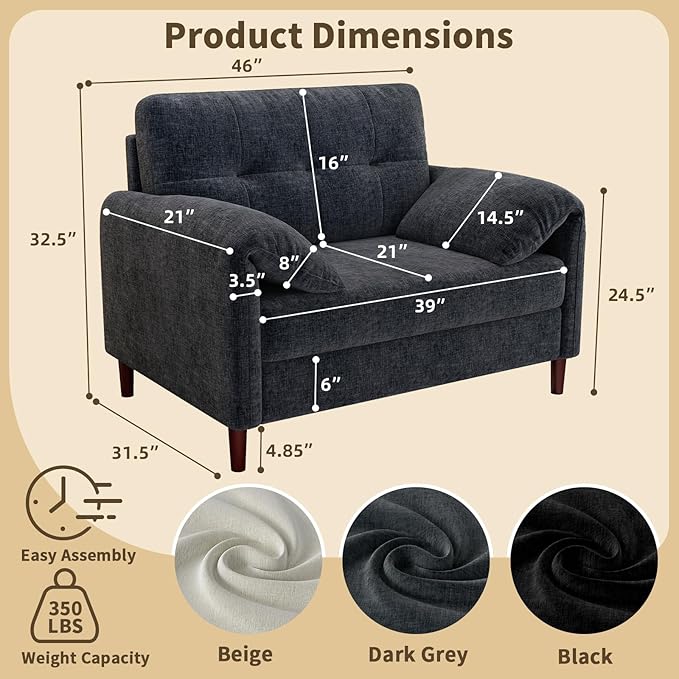46 Oversized Accent Chairs Set of 2 with Padded Arms Comfy Chenille Fabric Living Room Bedroom Chairs Set of 2 Mid Century Modern Reading Chair with Pocket Spring Cushion (Dark Grey)