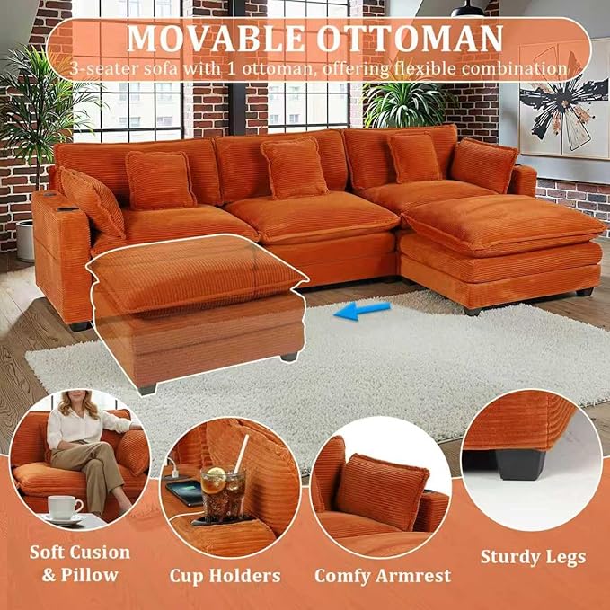 99 Modular Sectional SofaCouches for Living RoomModern Modular L-Shape Sofa with Ottoman &amp Side Pocket Cloud Sectional CouchCorduroy Oversized Sleeper Sofa with USB Port &amp Cup Holder (Oran