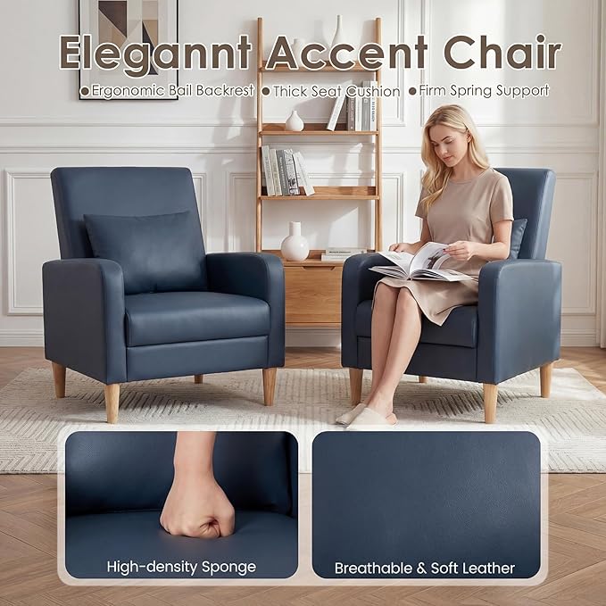 COLAMY Mid-Century Modern Upholstered Accent Chair with Back Pillow &amp Solid Wood Legs Leather Cozy Armchair for Living Room Bedroom Reading Nook Apartment &amp Small Spaces Blue