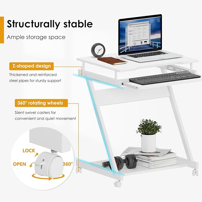 sogesfurniture Mobile Computer Desk Small Rolling Office Table Workstation with Printer Shelf and Keyboard Tray Space-Saving Computer Desk with Storage Shelf for Home and Office (White)