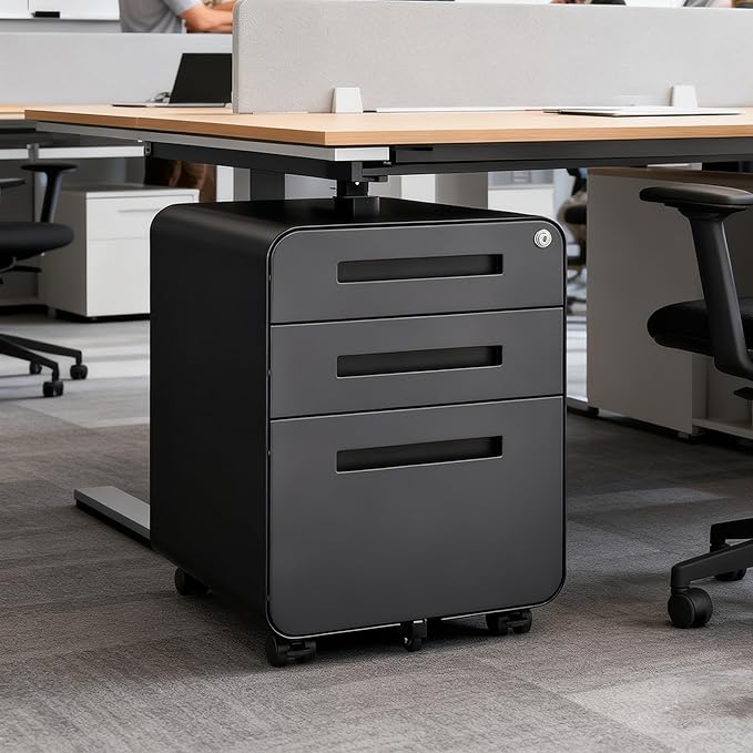 3 Drawer Small File Cabinet with Lock Under Desk Locking Storage Cabinet Organizer for Home Office Mobile Filing Cabinets with 5-Wheel DesignDarkgrey