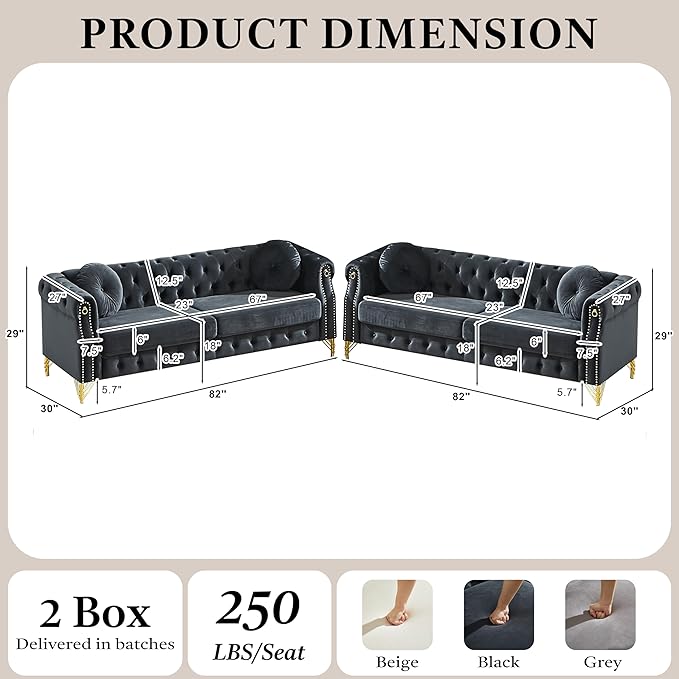 2 Pieces Black Velvet Chesterfield 82 3-Seater Sofa Sets with Two Pillows Featuring Copper Stud Detailing with Metal Legs Loop Design Allows for Hanging Cartoon Ornaments.