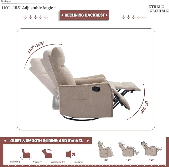 Rocking Recliner Chair with Heat and Massage 360° Swivel Glider Rocker with Reclining Backrest and Footrest Modern Nursery Rocking Chairs for Adults for Bedroom Living Room Office (Khaki)