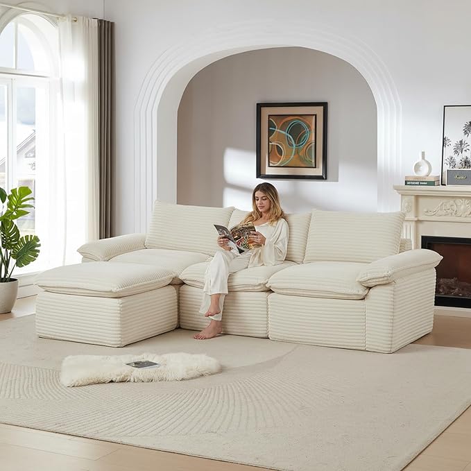 KEIKI 111 L-Shaped Oversized Corduroy Modular Sectional Sofa with 1 Ottoman &amp High-Density Foam Cushion &amp Pillows Upholstered Modern Cloud 3-Seater Couch Easy Assembly for Living Room Whi