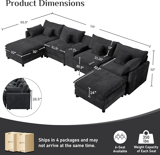 145 Oversized Modular Sectional Sofa U Shaped Cloud Couch 6 Seat Sofa Set for Living Room Comfy Chenille Deep Seat with Storage Central Console Movable Ottomans Cup Holders USB Ports Black Grey