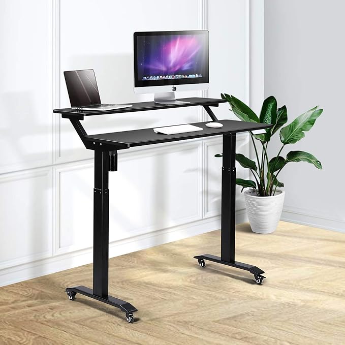 UNICOO Electric Height Adjustable 2-Tier Raising Desk with Wheels Mobile Standing Desk with Monitor Stand Ergonomic Adjustable Computer Table Electric Standing Game Table for Home Office