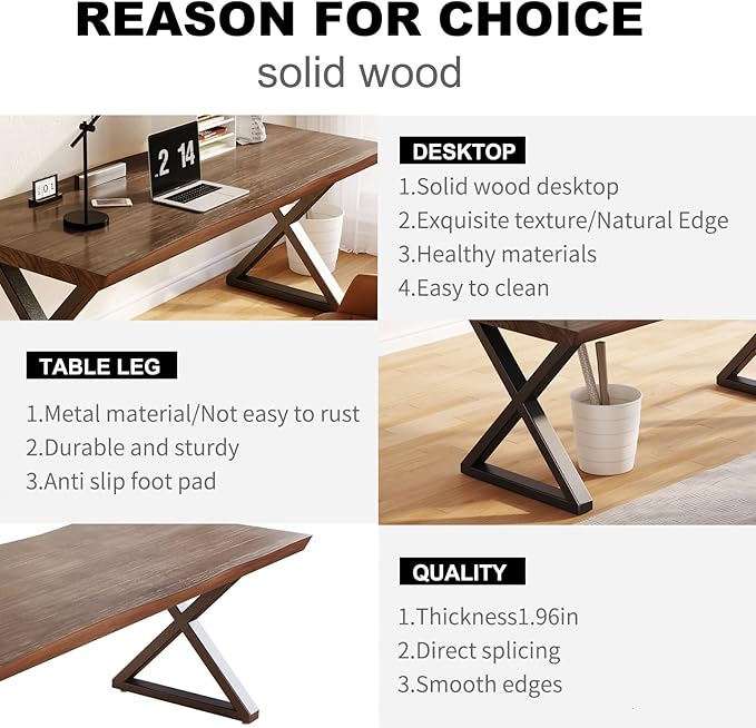 Solid Wood Desk 47 InchHome Office DeskOffice Furniture Butcher Block Studio Desk Rustic Brown Desk Heavy Duty Business Desk（Table Thickness:1.96 inches）