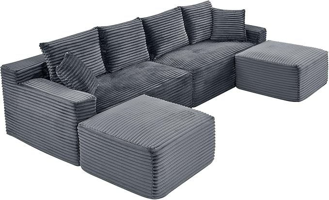 U-Shaped Cloud Sectional Couch Symmetrical Modular Compressed Boneless Sectional Sofa with Chaise Lounges Plush Corduroy Boneless Corner Sofa for Living Room