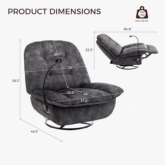 Swivel Rocker Recliner Chair for Adult Glider Nursery Rocking Chair Armless Single Recliner Sofa for Living Room Oversized &amp Overstuffed Phone Holder Included Black