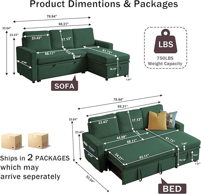 Sectional Sofa Bed Convertible Sleeper Sofa with Storage Chaise L-Shape Modern Polyester 3 in 1 Pull Out Couch Bed for Living Room Green