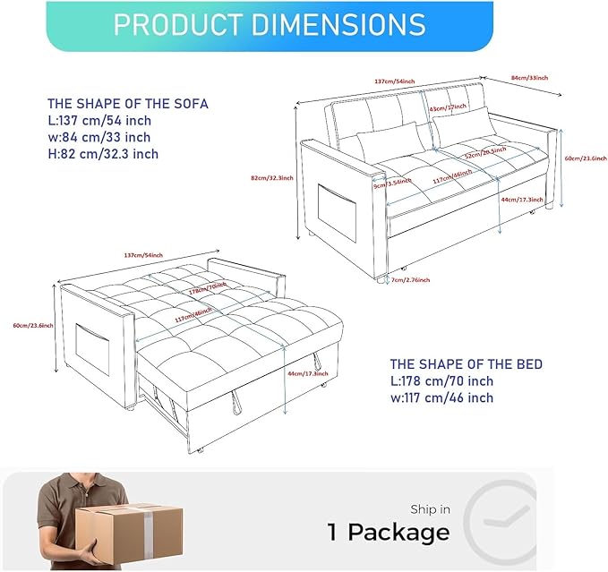 3 in 1 Convertible Sleeper Sofa Bed 54'' Full Size Velvet Pull Out Futon Couch Recliner with Reclining Backrest &amp 2 Pillows Small Loveseat Lounge Couches for Small Spaces (Black)