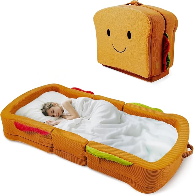 Toddler Travel Bed Sandwich Style - Portable Toddlers Floor Beds Foldable Soft Foam Travel Crib for Baby and Kid Washable Cover Toddler Cot with Safety Rail for Travel Home/Travel Sleep