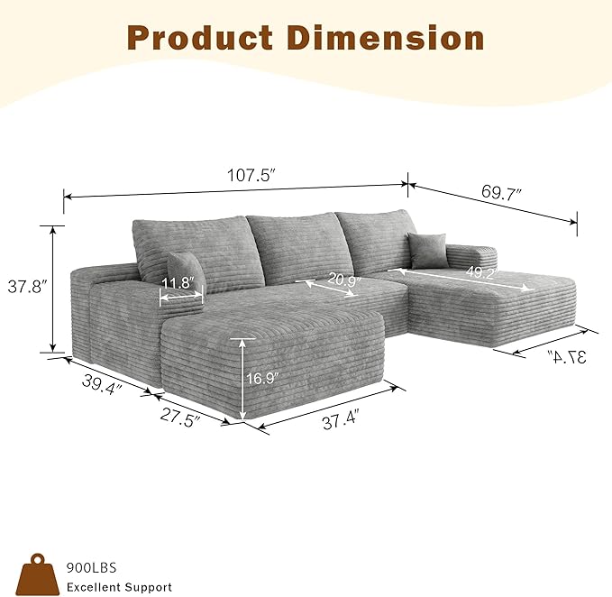 Oversized Corduroy Sectional Boneless Couch 108 W U Shaped Modular Sectional Sofa with Chaise/Ottoman No Assembly Required Compress Couches for Living Room (Grey 3 seater+Ottoman+Left Chaise)