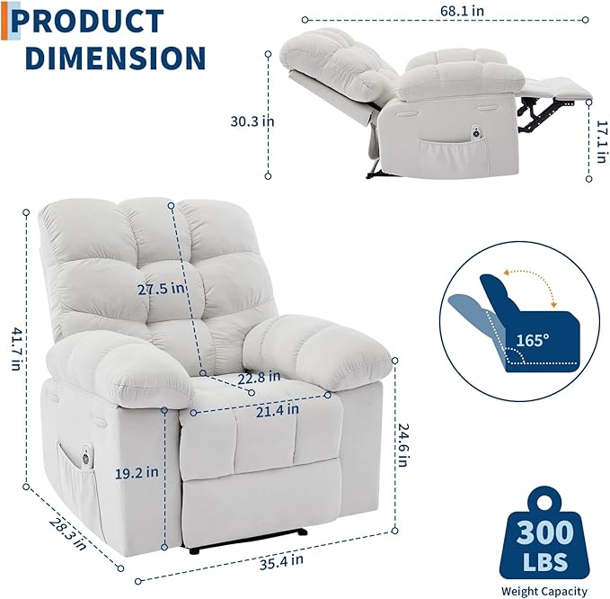 Oversized Massage Recliner Chair for Adults Extra Wide Manual Recliner with Massage &amp Heating Overstuffed Upholstered Sofa Chair for Living Room &amp Bedroom (Beige)
