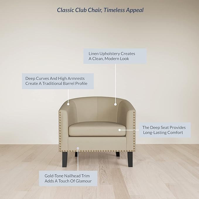 BELLEZE Accent Barrel Chair Set of 2 Modern Tub Club Chair Upholstered Armchair with Gold Nail Head Trim and Black Legs for Living Room Bedroom Apartment Lounge - Beige/Linen