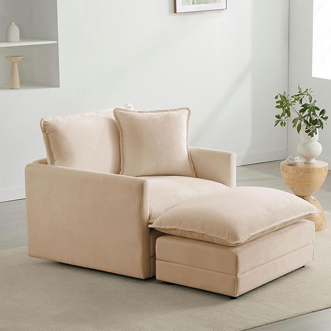 Chenille Oversized Accent Chair - 39 W Big Comfy Reading Chair Modular Cloud Sofa Chair Cozy Armchair for Living Room Bedroom Kids Room Reading Nook Sandy Beige