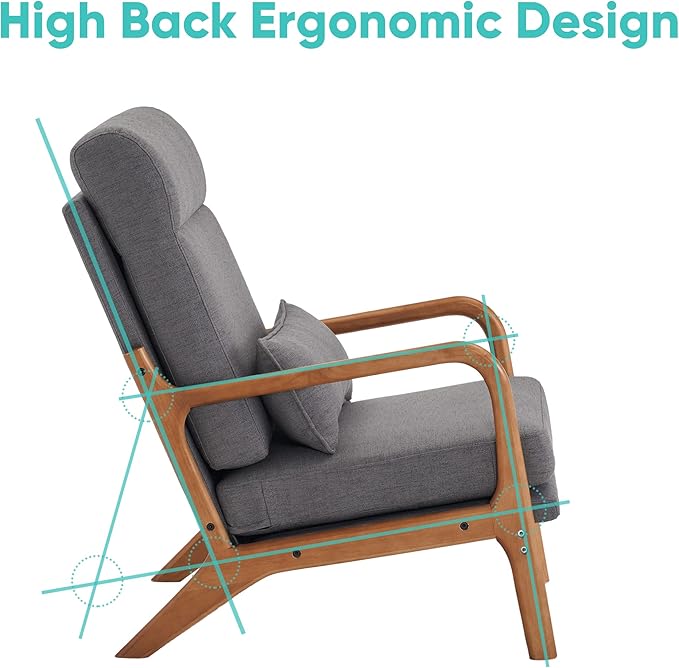 JOYBASE Lounge Accent Chair Mid Century Modern Chair High Back Chair Wood Frame Armchair Comfy Reading Chair for Living Room Office Bedroom (Dark Grey Fabric)