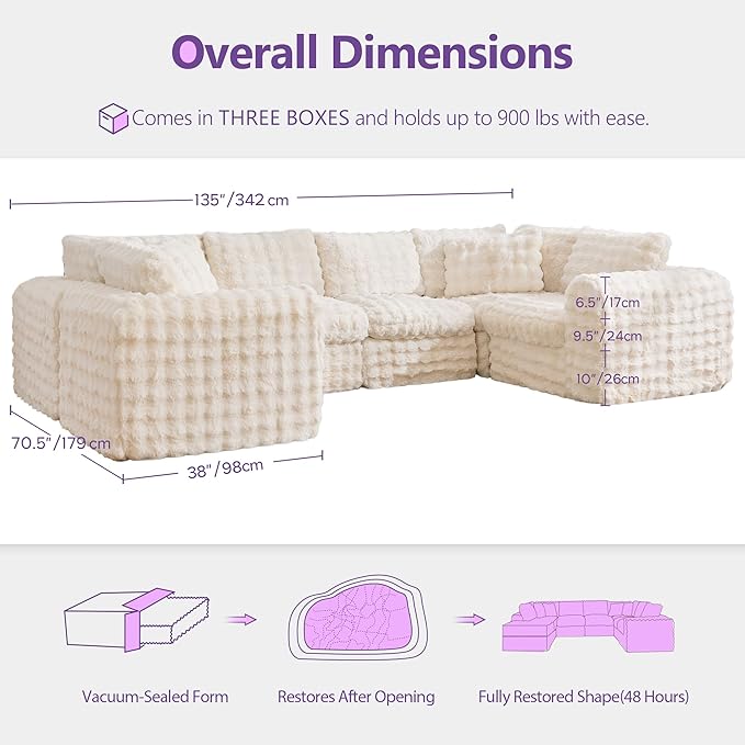 TYBOATLE 135’’ Boneless Slow-Rebound Memory Foam Couch Cloud Sectional Couches for Living Room w/Upgraded Fabric Deep Seat Comfy Fluffy U Shaped Modular Sectional Sofa w/Chaise Beige