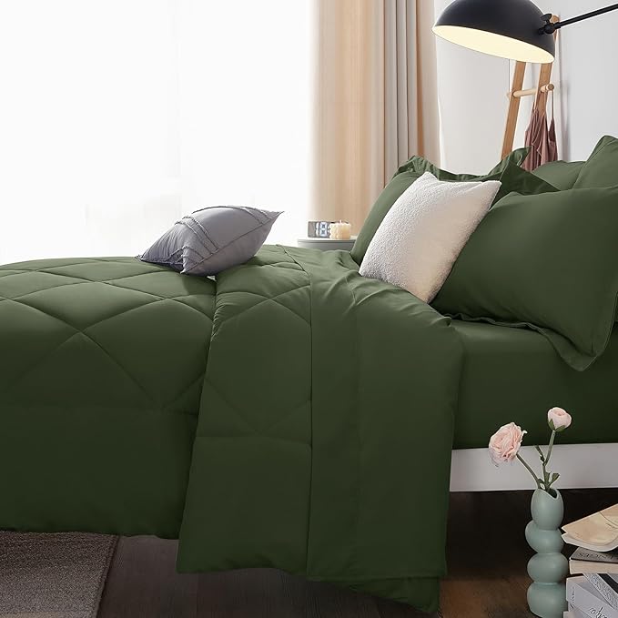 CozyLux Queen Comforter Set Olive Green - Bed in a Bag Queen Size 7 Pieces Luxury Soft Bed Set for All Seasons Bedding Set with Down Alternative Comforter Sheets Pillowcases &amp Shams