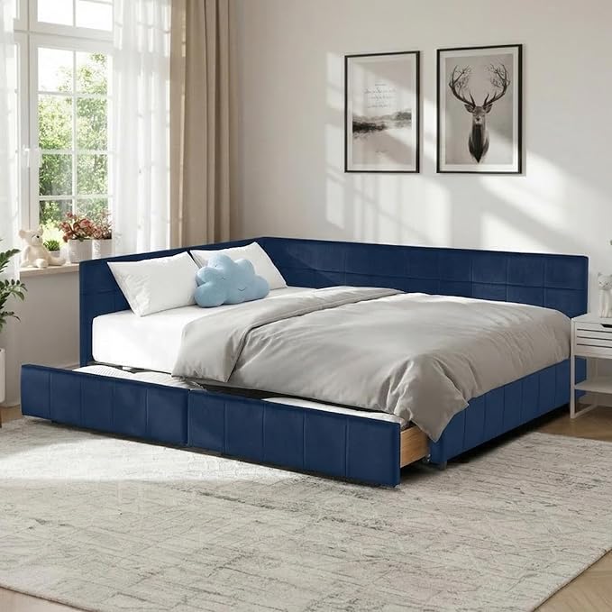 Queen Corner Bed Frame with Storage Drawers Modern Velvet Upholstered Sofa Day Bed Frame with Wood Slats for Living Room Bedroom Guest Room No Box Spring Needed Dark Blue