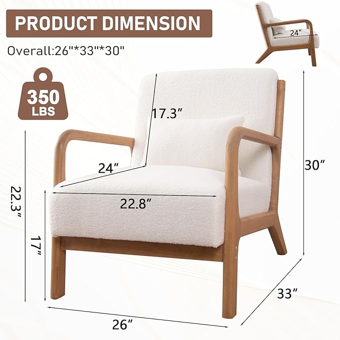 ANJ Mid Century Modern Accent Chair Single Fabric Lounge Reading Armchair with Solid Wood Frame Easy Assembly Arm Chairs for Living Room White