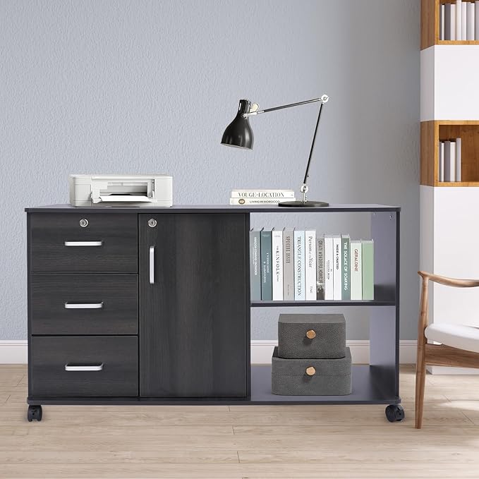 Mobile File Cabinet 3-Drawer MDF Mobile Lateral Filing Cabinet Locking File Cabinets with 5 Universal Wheels for Home Office (Black Walnut)