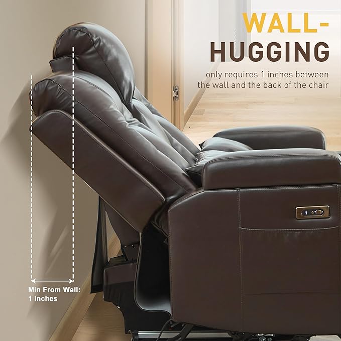 URRED Power Loveseat Recliner Sofa Wall Hugger Reclining Loveseat RV Couch with LED Light USB Ports Cup Holders and Side Pockets for Home Theater Faux Leather - Dark Brown