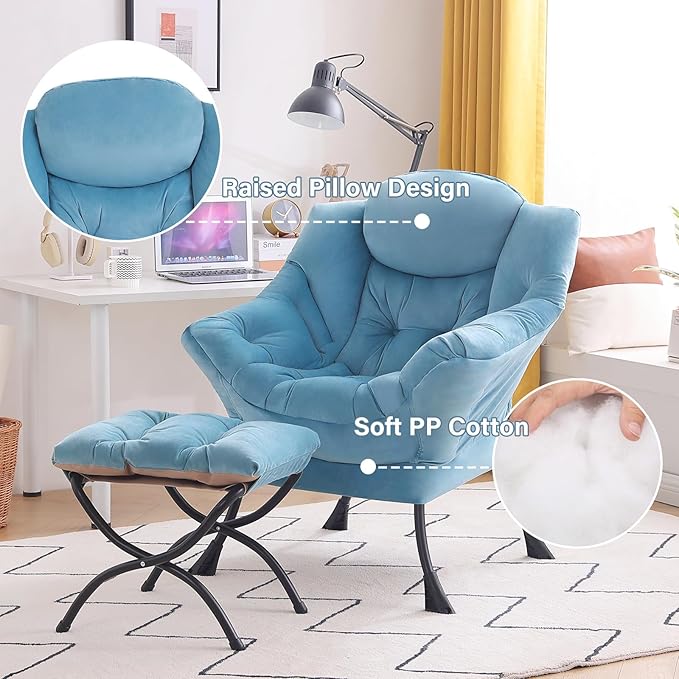 Tiita Lazy Chair with Ottoman Blue Chiars Modern Large Accent Armchair Comfy Leisure Sofa Reading Chair with Footrest for Bedroom Living Room Dorm Rooms Garden Velvet Light Blue