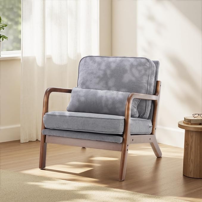 DUMOS Accent Chairs Set of 2Mid Century Modern Chair with Arms and Waist Cushion Reading Chairs for Adults Lounge Chair for Living Room and Bedroom Solid Wooden FrameClassic Grey