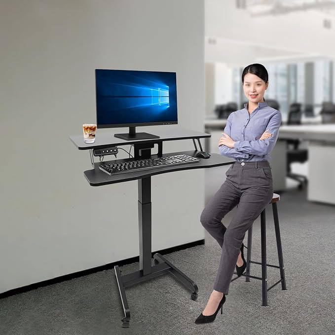 Electric Mobile Height Adjustable Standing Workstation Rolling Electric Podium Desk with Wheels and Keyboard Tray Dual Tiered Standing Desk for Office School Home