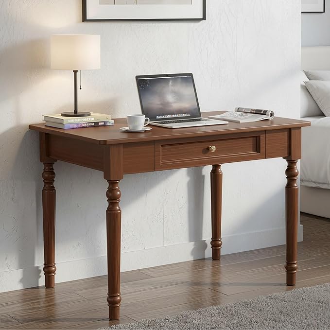 31 Solid Wood Writing Desk with 1 Drawers Small Space Computer Desk in Rich Walnut Mid-Century Modern Study Table &amp Compact Bedroom Vanity Rustic Home Office Workstation