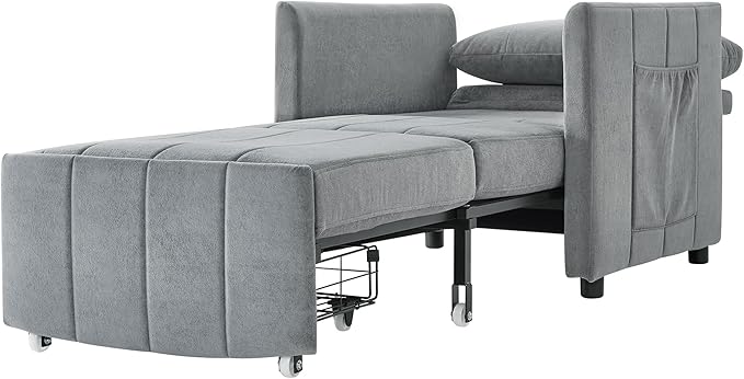 Pull Out Sofa Bed for Living Room 31.5 Upholstered Convertible Sleeper Sofa 3-in-1 Convertible Sleeper Chair with 5-Position Adjustable Backrest Side Pockets and a Storage Basket (Grey/352)