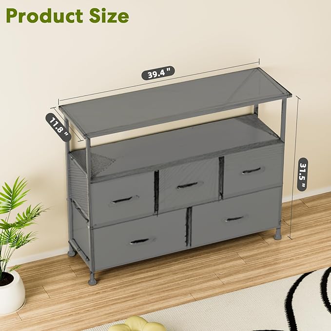 Simple Deluxe TV Stand Dresser for Bedroom Entertainment Center with 5 Fabric Drawers Storage Organizers Units for Living Room Media Console Table with Open Shelf up for 45 TV Black Wood top