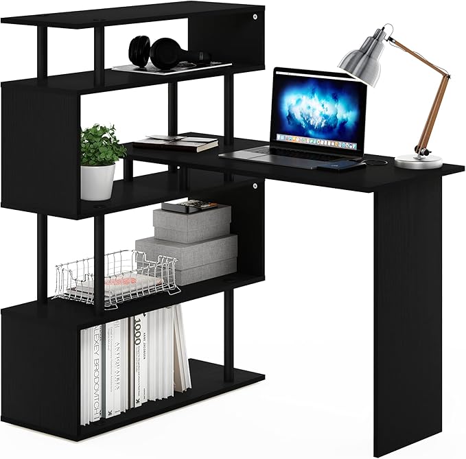 Furinno Classic Desk 40 Wide L-Shape Gaming Desk Computer Desk Writing Desk with 5-Tier S-Shaped Side Shelves for Home Office Study Room Dorm Bedroom Americano