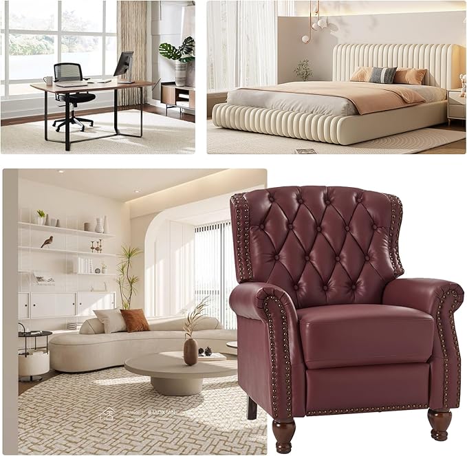 HULALA HOME Genuine Leather Recliner Chair with Solid Wood Feet Modern Adjustable Tufted Push Back Arm Chair w/Rivet Decoration Home Theater Seating Single Reclining Sofa for Living Room Burgundy