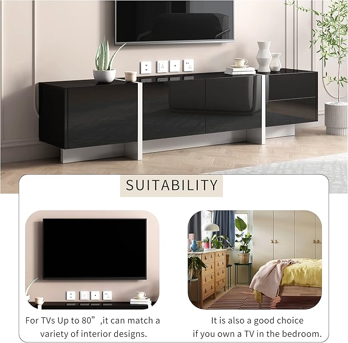 Merax Contemporary Rectangle Design TV Stand for Television Up to 80 Unique Style Console Table Modern Storage Cabinet with High Gloss UV Surface for Living Room Black