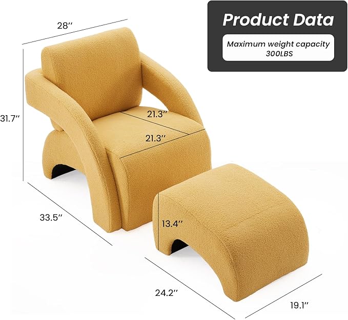 Soohow Upholstered Armchair with Ottoman – Plush Bouclé Fabric Curved Seat &amp Sled-Base Lounge Chair for Living Room Bedroom Study