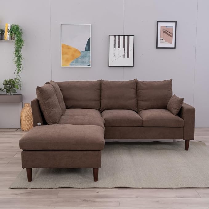 Panana 5 and 6 Seater Convertible Sectional Sofa CouchL-Shape with Universal Corner and Bulit-in USB Charging Port Chaise (Brown Linen Fabric 5 Seater Corner with Built-in USB Port Chaise)