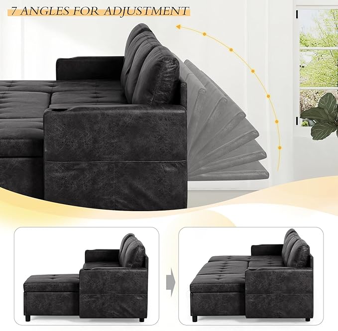 110 Suede Leather Pull Out Sofa Bed w/Adjustable Backrest Sectional Sleeper Couch w/Storage Chaises and Armrest Pillows U-Shape Sofa Bed w/USB Port for Living Room House Black