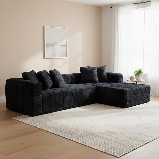Boneless Sectional Couch L Shaped-108 Inch Black Sherpa Cloud Sectional Sofa for Living Room Modern Couch with Chaise-Deep Seat Floor Couch in a Box-No Assembly | No Assembly Needed 28.7 Deep Seat