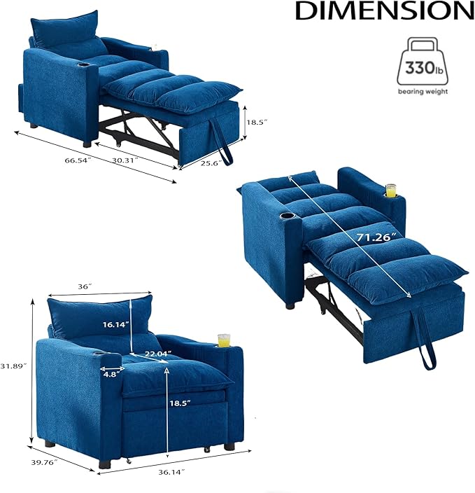 3-in-1 Convertible Sleeper Chair Bed Adjustable Pull-Out Sleeper Sofa Chair Modern Futon Sofa Bed Loveseat with Adjustable Backrest for Living Room Small Space (Blue 36 W)