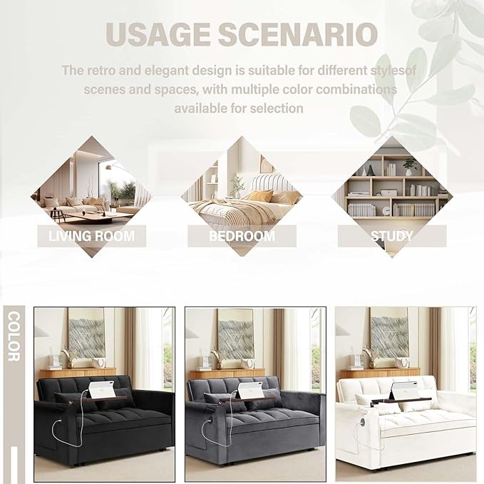 3 in 1 Sleeper Sofa BedConvertible Pull-Out Couch BedFuton Couches for Living Room with Side Pocket and Adjustable Backrest | USB Ports丨Sida Table丨Velvet Fabric | Small Loveseat CouchBeige