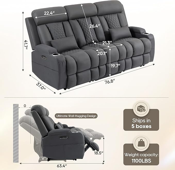 Wall Hugger Power Reclining Sofa with Manual Adjustable Headrests Electric Recliner Couch with Drop-Down Table Power Recliner Sofa 3-Seater with Charging Ports for Living Room (Grey)