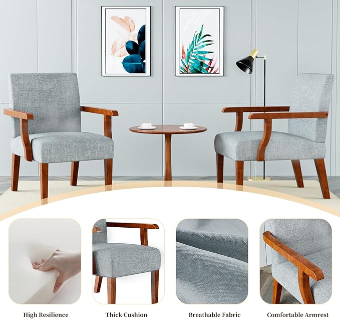 Fabric Accent Chair Set - Arm Chairs Set of 2 with Wood Side TableLiving Room Chairs with Soft Seat for Reading RoomBedroomWaiting RoomOffice(Light Gray)