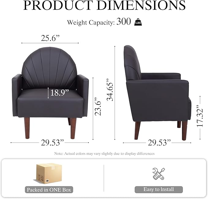 Mid-Century Accent Chair Faux Leather Armchair - Shell-Shaped Back Waterproof PU Leather Modern Retro Lounge Chair for Living Room Office Bedroom &amp Waiting Room